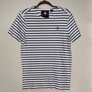 G-Star Men's Navy and White Striped Tee